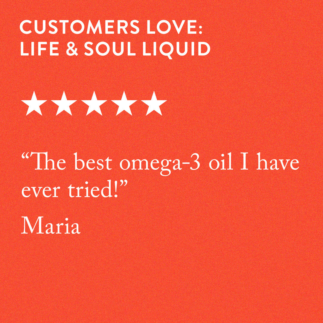 5 star quote on an orange background: the best omega-3 oil I have ever tried, by Maria.