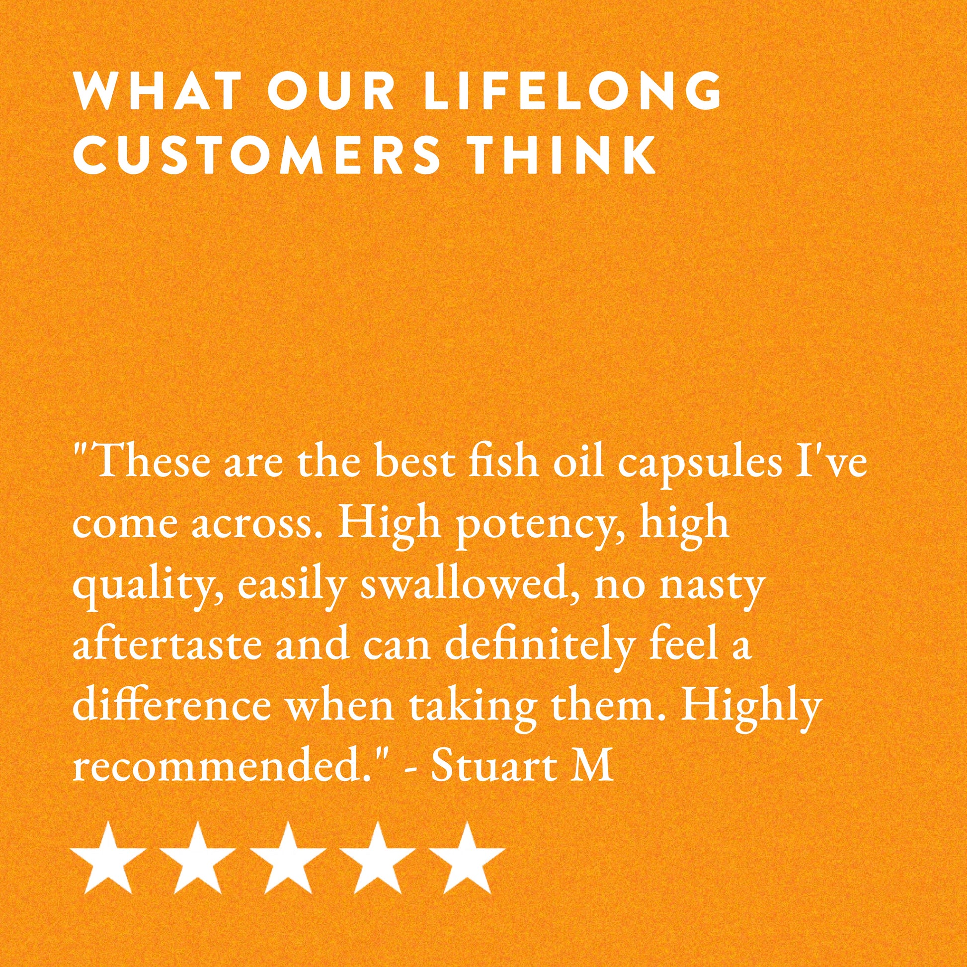 An orange background with white text shows a positive review for Bare Biology Life & Soul Omega-3 Fish Oil Mini Capsules, praising their high quality, easy swallowing, no aftertaste, and strong EPA/DHA content—with five white stars.