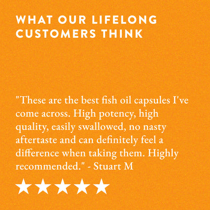 An orange background with white text shows a positive review for Bare Biology Life & Soul Omega-3 Fish Oil Mini Capsules, praising their high quality, easy swallowing, no aftertaste, and strong EPA/DHA content—with five white stars.