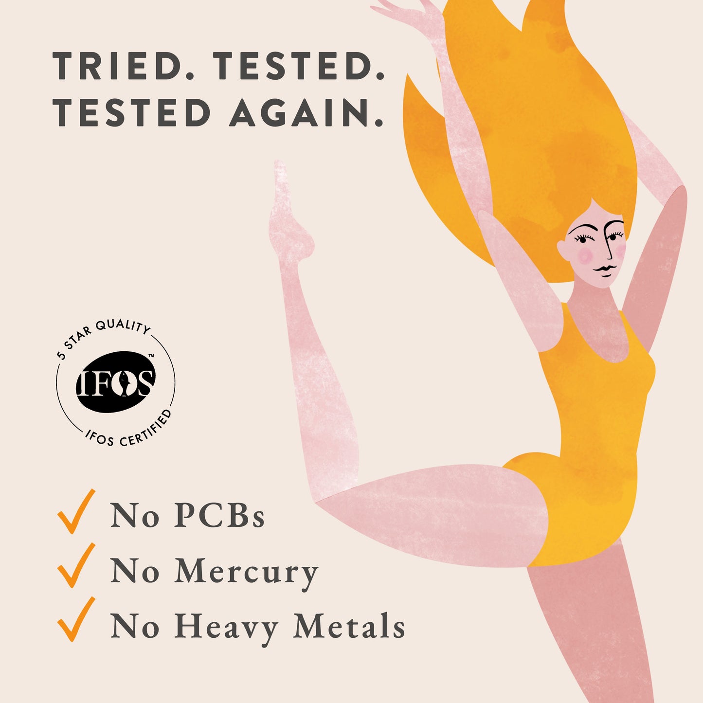 Illustration of a woman in yellow leotard jumping with “Tried. Tested. Tested Again.” Bare Biology Life & Soul Omega-3 Fish Oil Mini Capsules, IFOS 5 Star Certified. Checkmarks: Omega-3 EPA & DHA, No PCBs, No Mercury, No Heavy Metals.