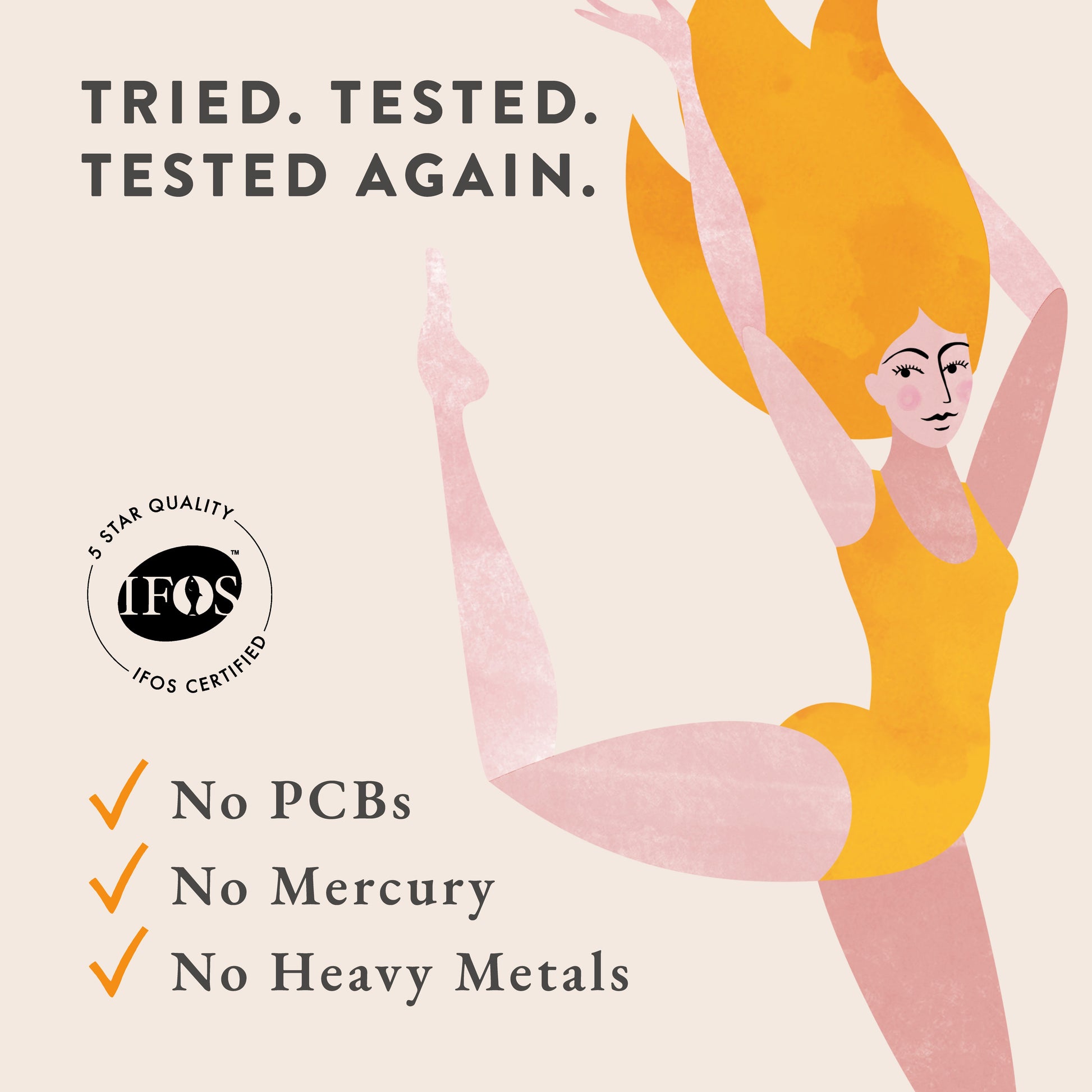 Illustration of a woman in yellow leotard jumping with “Tried. Tested. Tested Again.” Bare Biology Life & Soul Omega-3 Fish Oil Mini Capsules, IFOS 5 Star Certified. Checkmarks: Omega-3 EPA & DHA, No PCBs, No Mercury, No Heavy Metals.
