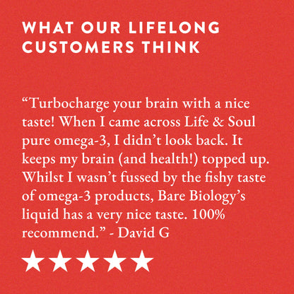 A red background displays a five-star review from David G. praising Bare Biology’s Pure Omega-3 Liquid Fish Oil for its pleasant taste and health benefits.