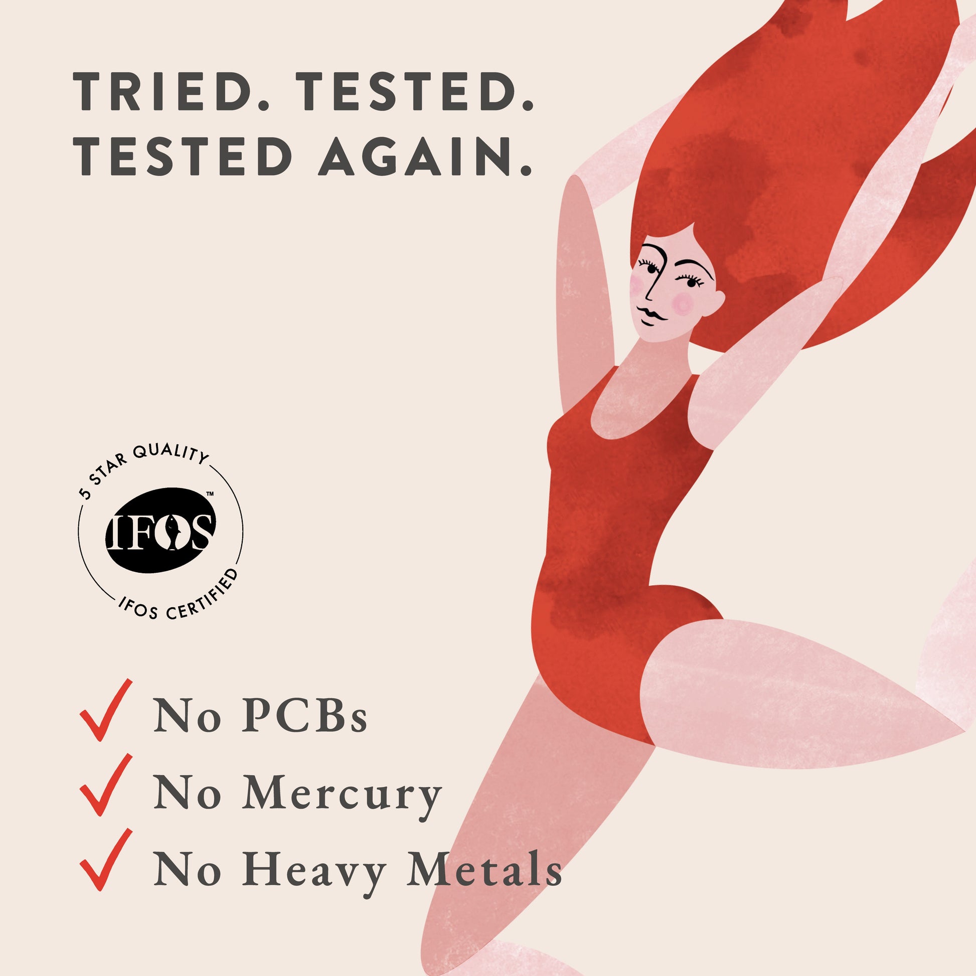 Illustration of a woman with flowing red hair in a red leotard, arms raised. Text: “Tried. Tested. Tested Again.” Pure Omega-3 Liquid Fish Oil by Bare Biology—No PCBs, No Mercury, No Heavy Metals. IFOS 5-star certified high-strength omega-3.