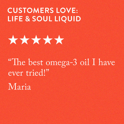 5 star quote on an orange background: the best omega-3 oil I have ever tried, by Maria. 