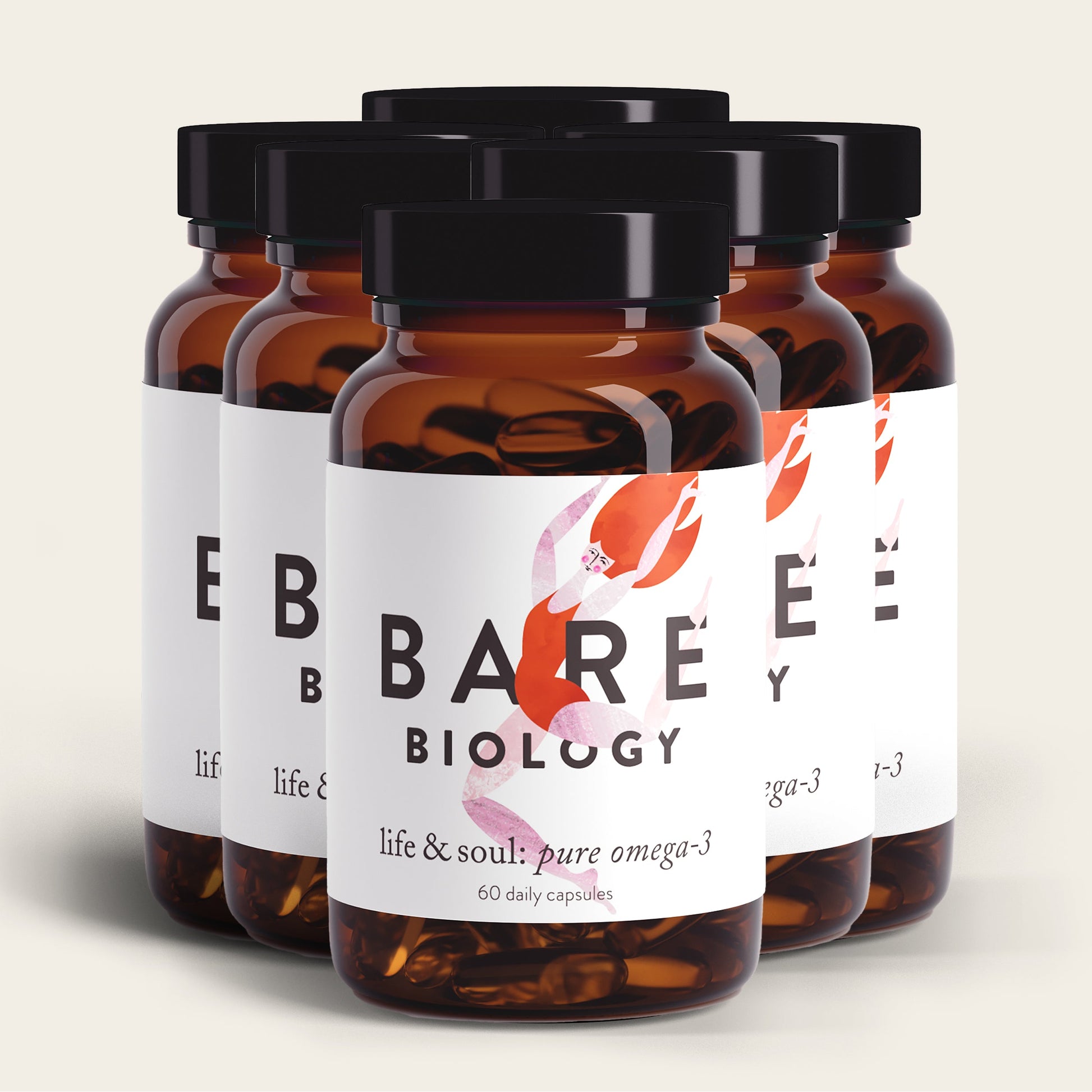 Five brown glass bottles with black caps, labeled Bare Biology, are staggered. The labels read Life & Soul Omega-3 Fish Oil Daily Capsules: 60 capsules supporting brain and heart health. The background is a light cream color.