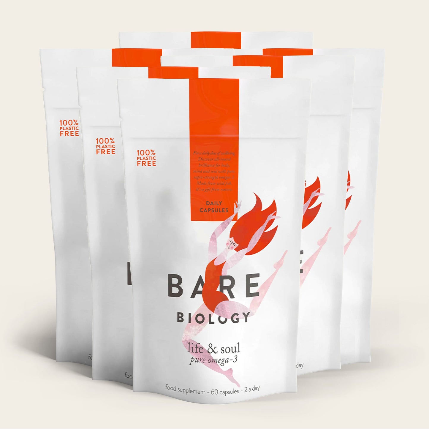 Multiple white packages of Bare Biology Life & Soul Omega-3 Fish Oil Daily Capsules, ideal for brain health, featuring a red illustration of a woman and bold text. Each package holds 60 capsules with a 2-per-day dose; theyre 100% Fish Oil Free.