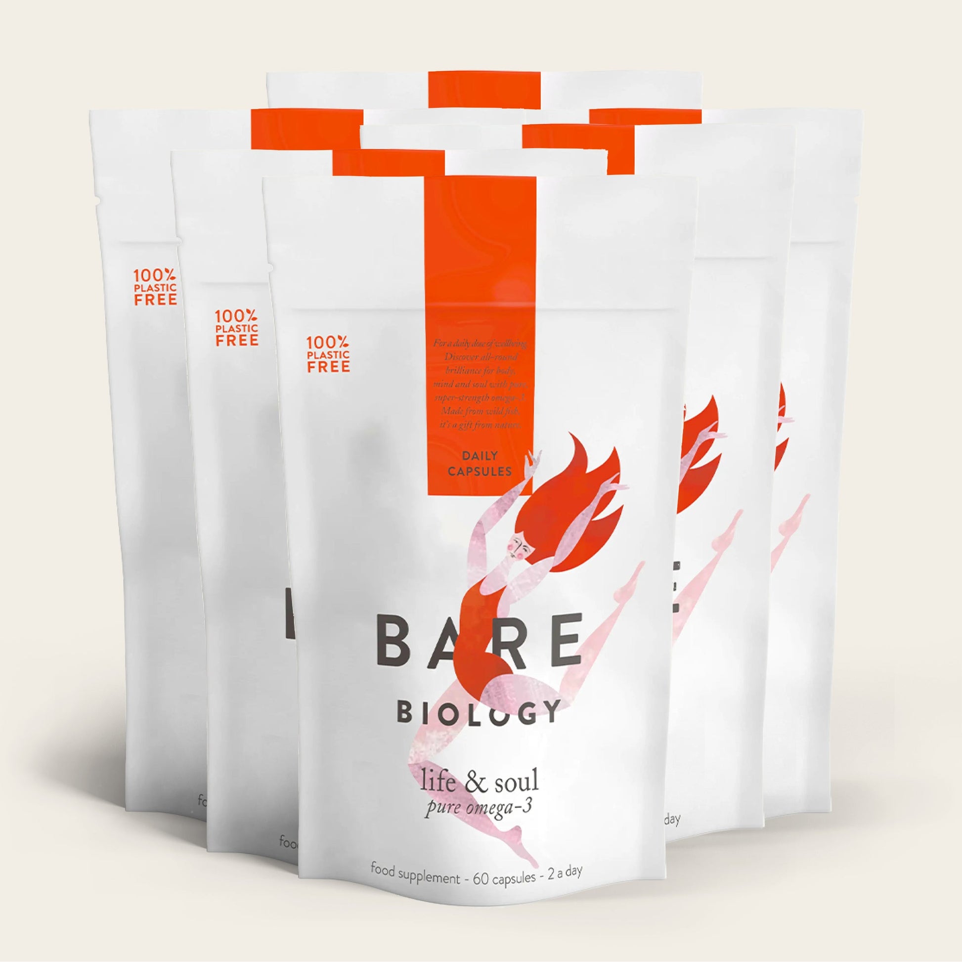 Multiple white packages of Bare Biology Life & Soul Omega-3 Fish Oil Daily Capsules, ideal for brain health, featuring a red illustration of a woman and bold text. Each package holds 60 capsules with a 2-per-day dose; theyre 100% Fish Oil Free.