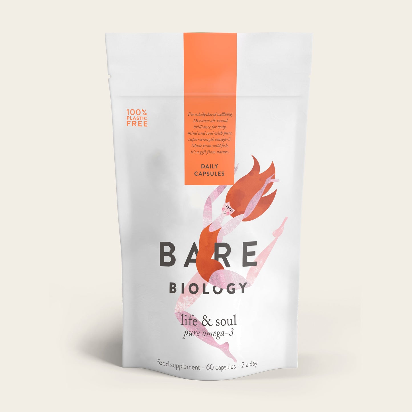 Bare Biologys Life & Soul Omega-3 Fish Oil Daily Capsules come in a white package with an orange 100% plastic free strip and a woman swimming illustration. Designed for heart and brain health, the pack includes 60 capsules, with a recommended intake of two per day.
