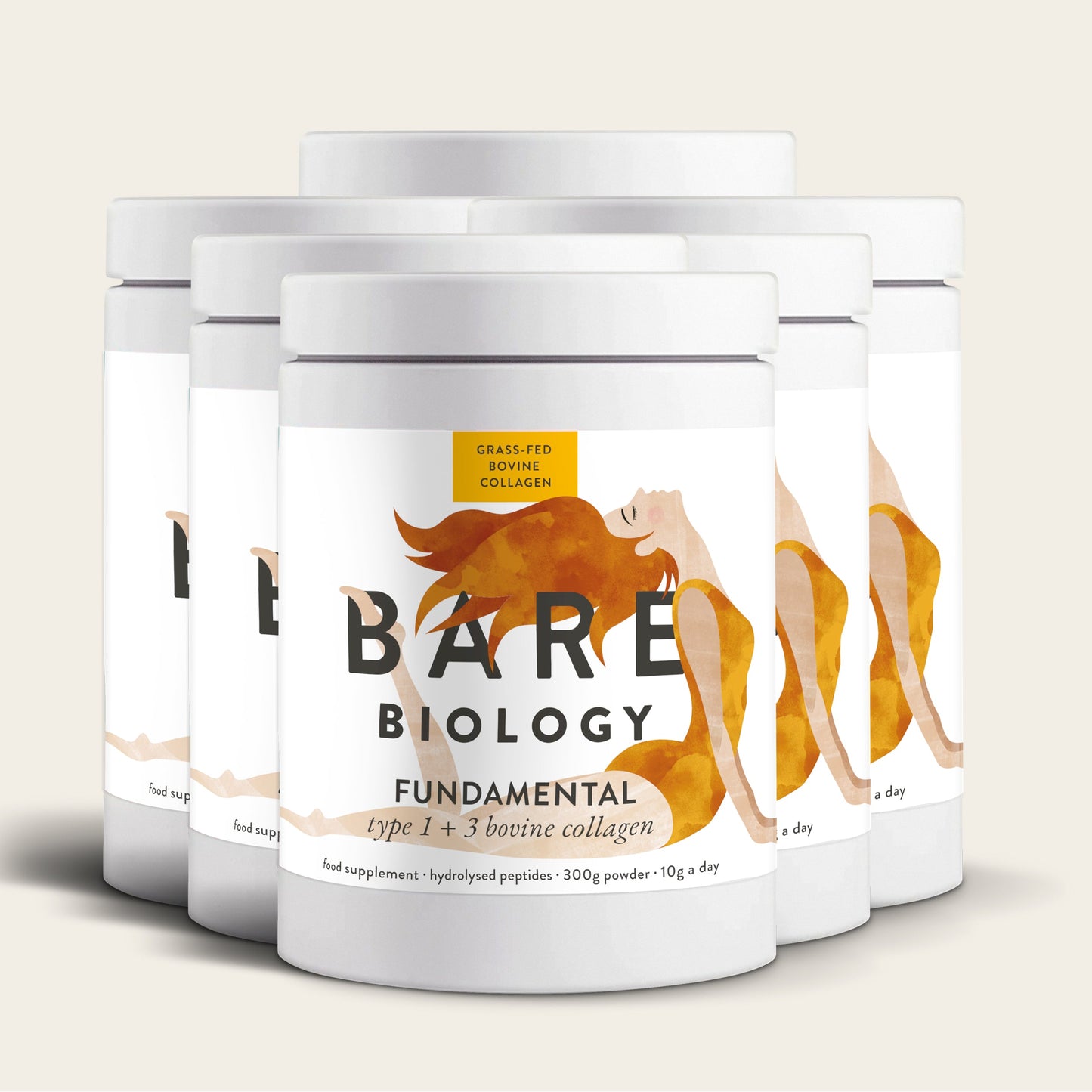 Five containers of Bare Biology Pure Bovine Collagen Powder, made from grass-fed cattle, with minimalist white labels featuring an abstract orange stretching figure.