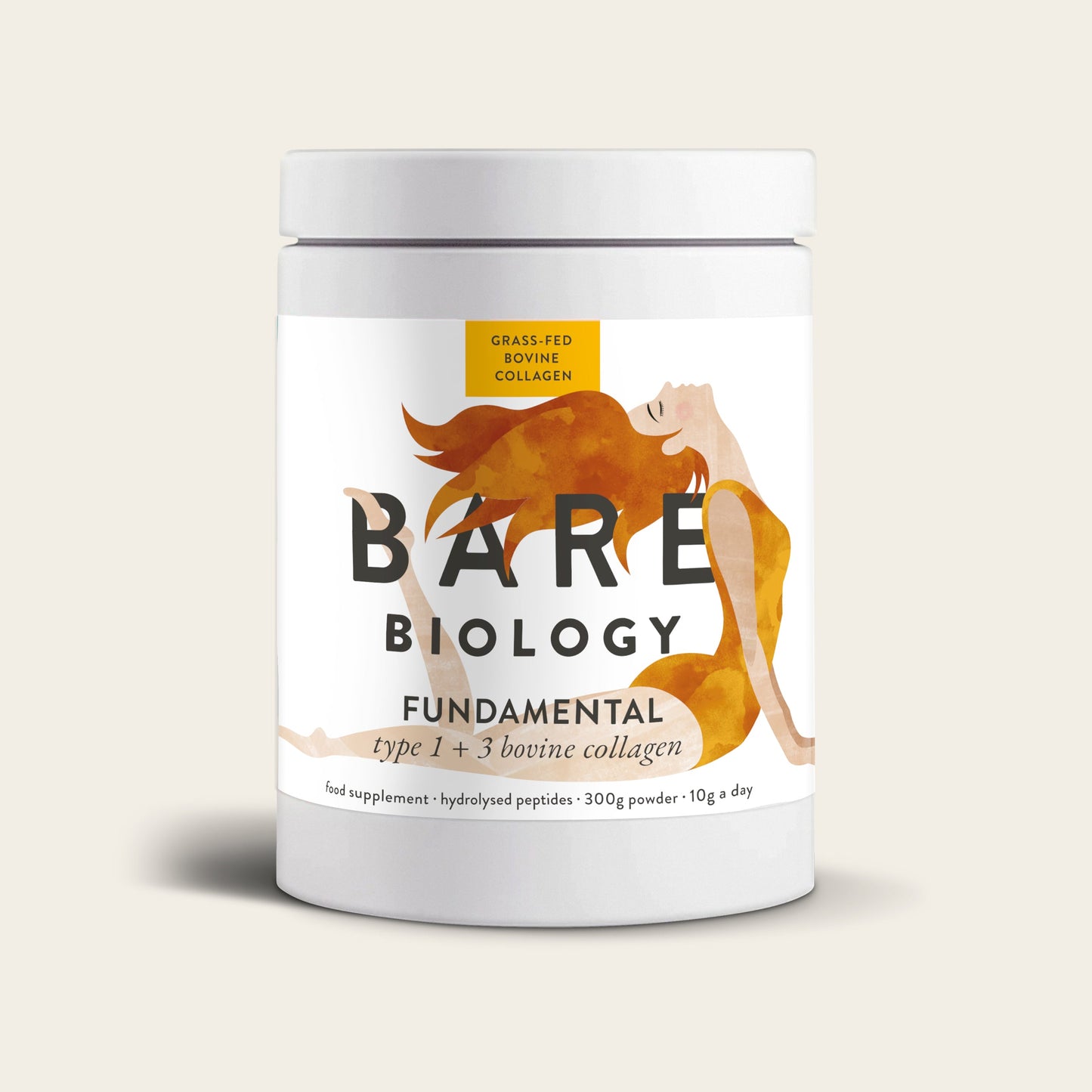 A white container of Bare Biology Pure Bovine Collagen Powder, featuring an illustration of a woman with flowing hair and a yellow label indicating hydrolysed peptides from grass-fed cattle.