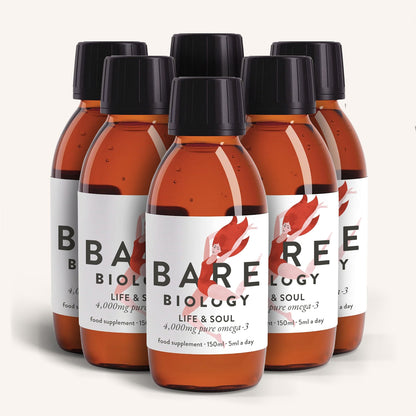 Six bottles of Bare Biology liquid Life and Soul Omega-3 fish oil with colourful illustration design on the front of the label