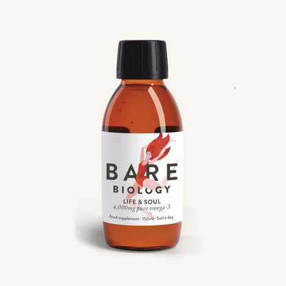 Bottle of Bare Biology supplement on a white background