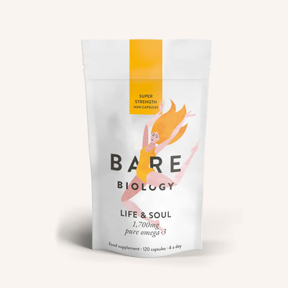 Bare Biology life and soul mini omega-3 fish oil supplement pouch with a colourful illustration on the front of the packaging