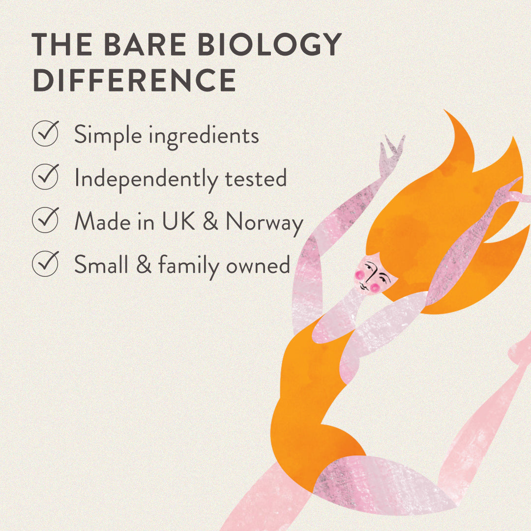 Dancing lady illustration with orange hair and the bare biology difference check list: Simple ingredients, independently tested, made in UK & Norway, small & family owned. 