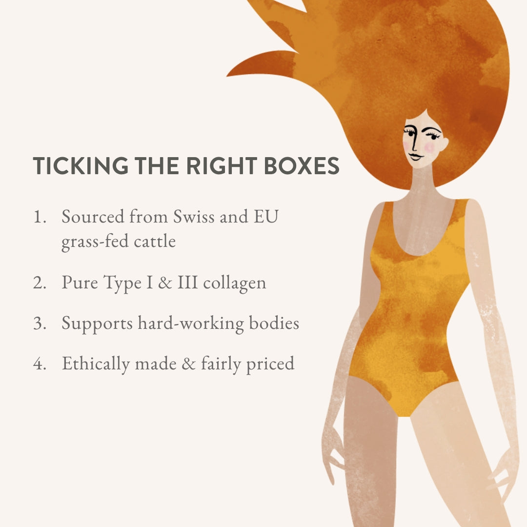 Illustration of a woman with large orange hair in a yellow swimsuit beside a list, “Ticking the Right Boxes,” showcasing Bare Biology Pure Bovine Collagen Powder, sourced from grass-fed cattle with hydrolysed peptides, multiple collagen types, and ethical pricing.
