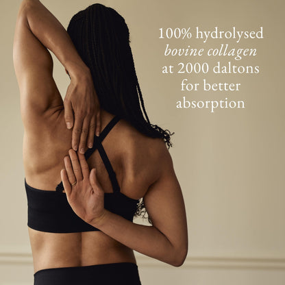 Back of a woman in gym clothing. She's stretching her arms by touching her fingertips. There's a statement in white copy next to her " 100% hydrolysed bovine collagen at 2000 daltons for better absorption. 