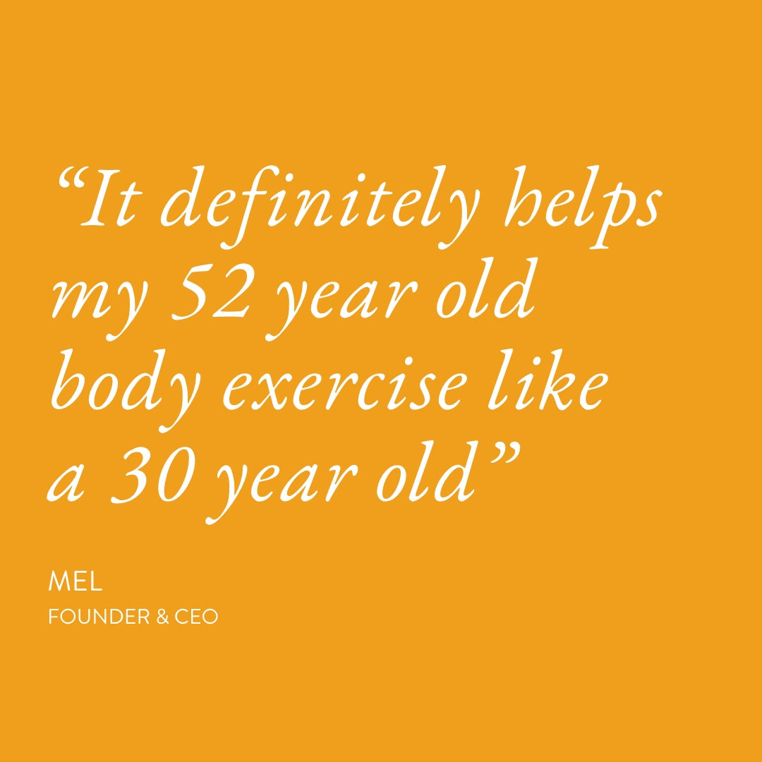 Text on an orange background reads: “It definitely helps my 52-year-old body exercise like a 30-year-old.” Below, it says MEL, FOUNDER & CEO. Bare Biology Pure Bovine Collagen Powder supports strong, youthful movement.