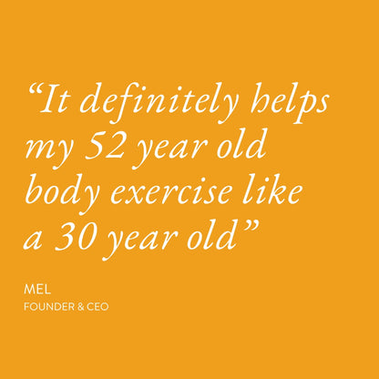 Text on an orange background reads: “It definitely helps my 52-year-old body exercise like a 30-year-old.” Below, it says MEL, FOUNDER & CEO. Bare Biology Pure Bovine Collagen Powder supports strong, youthful movement.