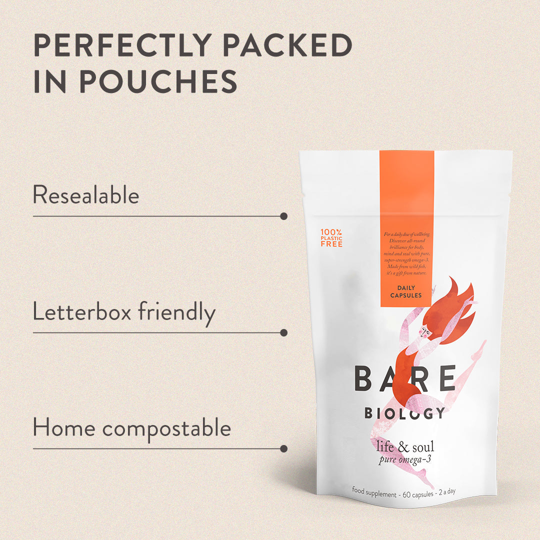 life and soul dailies pouch with benefits listed by the side on a beige background