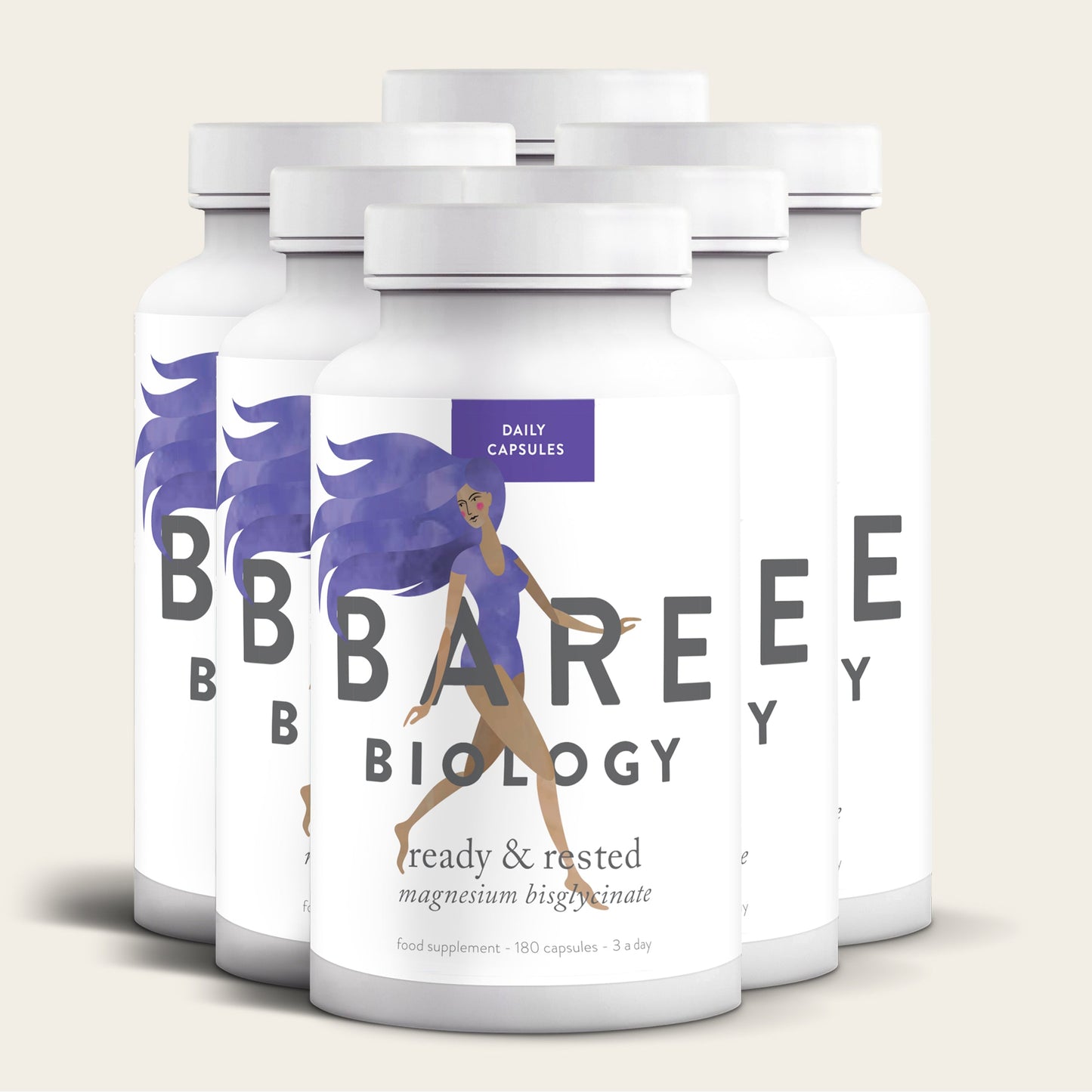 Five bottles of Bare Biologys Magnesium Glycinate Capsules are shown, labeled ready & rested with magnesium bisglycinate for easy absorption. The labels feature an illustration of a woman with flowing purple hair, symbolizing a calm and nourished nervous system.
