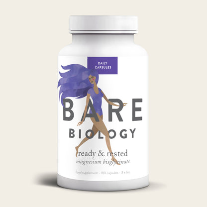 Bare Biologys Magnesium Glycinate Capsules, with an easy-absorption formula to support the nervous system, feature a label illustration of a woman with flowing purple hair and text indicating its a food supplement containing 180 capsules.