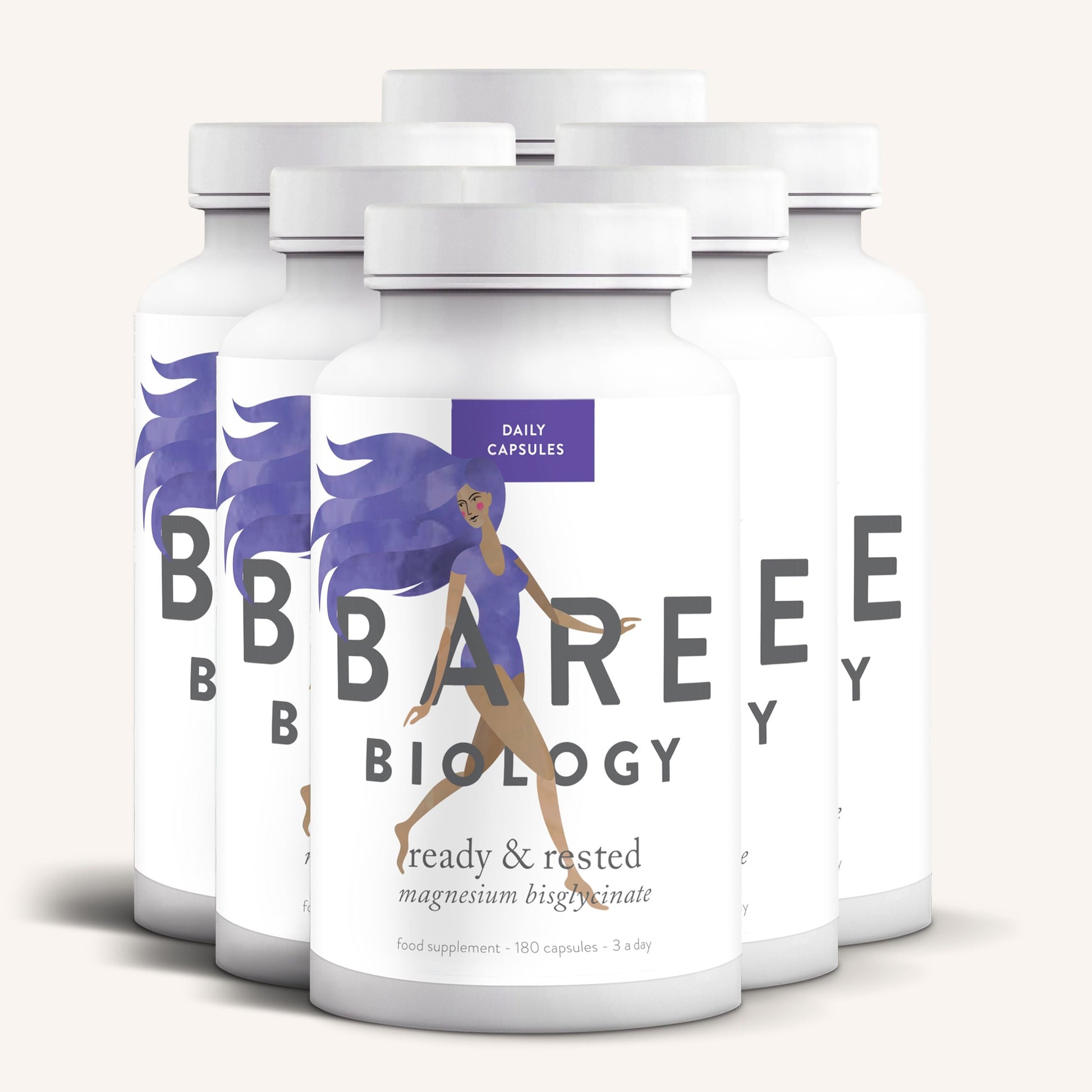 Six white bottles of Bare Biology Magnesium Bisglycinate Capsules are arranged in two rows. The label shows a woman with flowing purple hair and highlights nervous system support and easy absorption.
