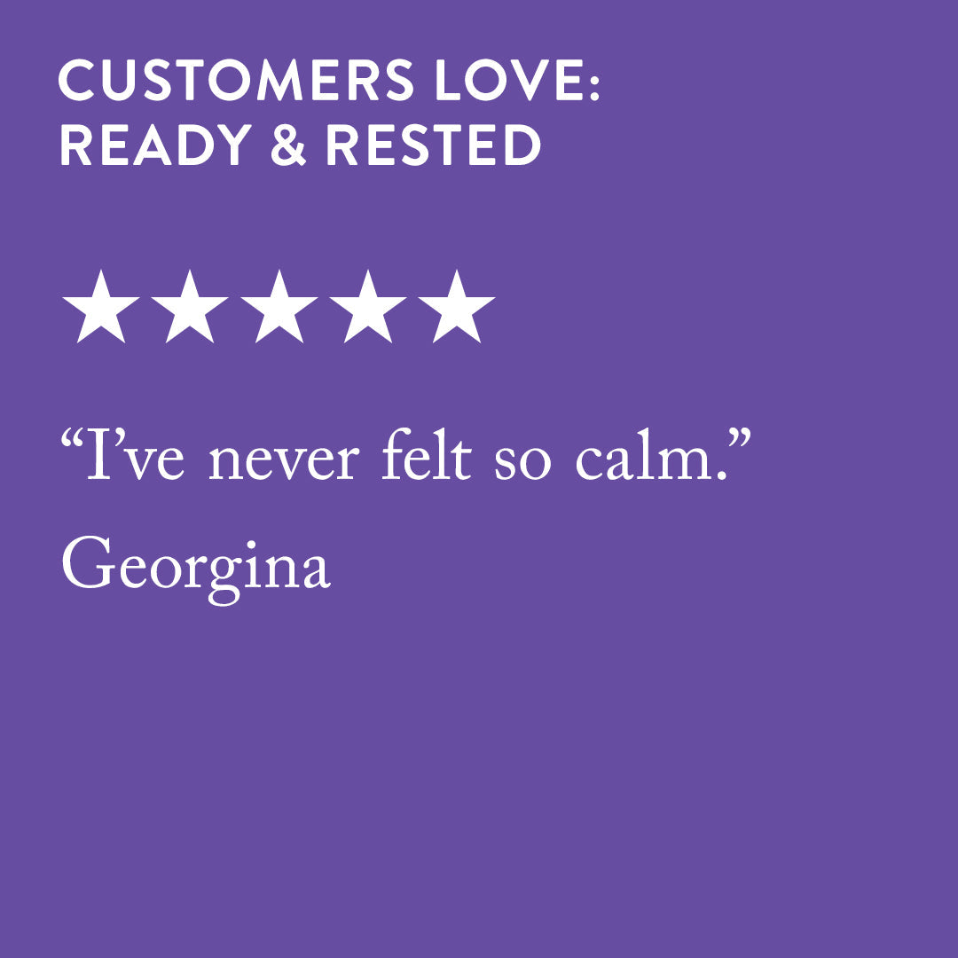 Purple background with white text reads: CUSTOMERS LOVE: MAGNESIUM BISGLYCINATE CAPSULES by BARE BIOLOGY. Five stars are below with a quote: Ive never felt so calm—this magnesium supplement is amazing. – Georgina.