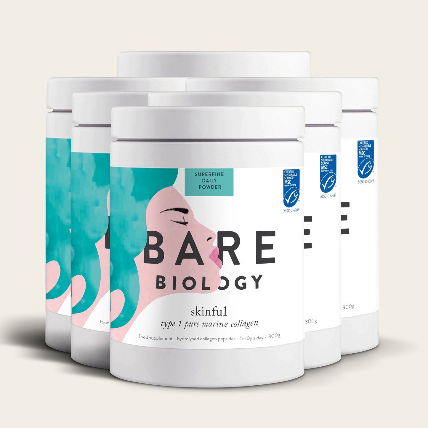 Displayed are six containers of Bare Biologys Skinful Pure Marine Collagen Powder, made from wild Norwegian cod. The label showcases a bold, abstract illustration of a womans face. This MSC-certified product is type 1 pure marine collagen.