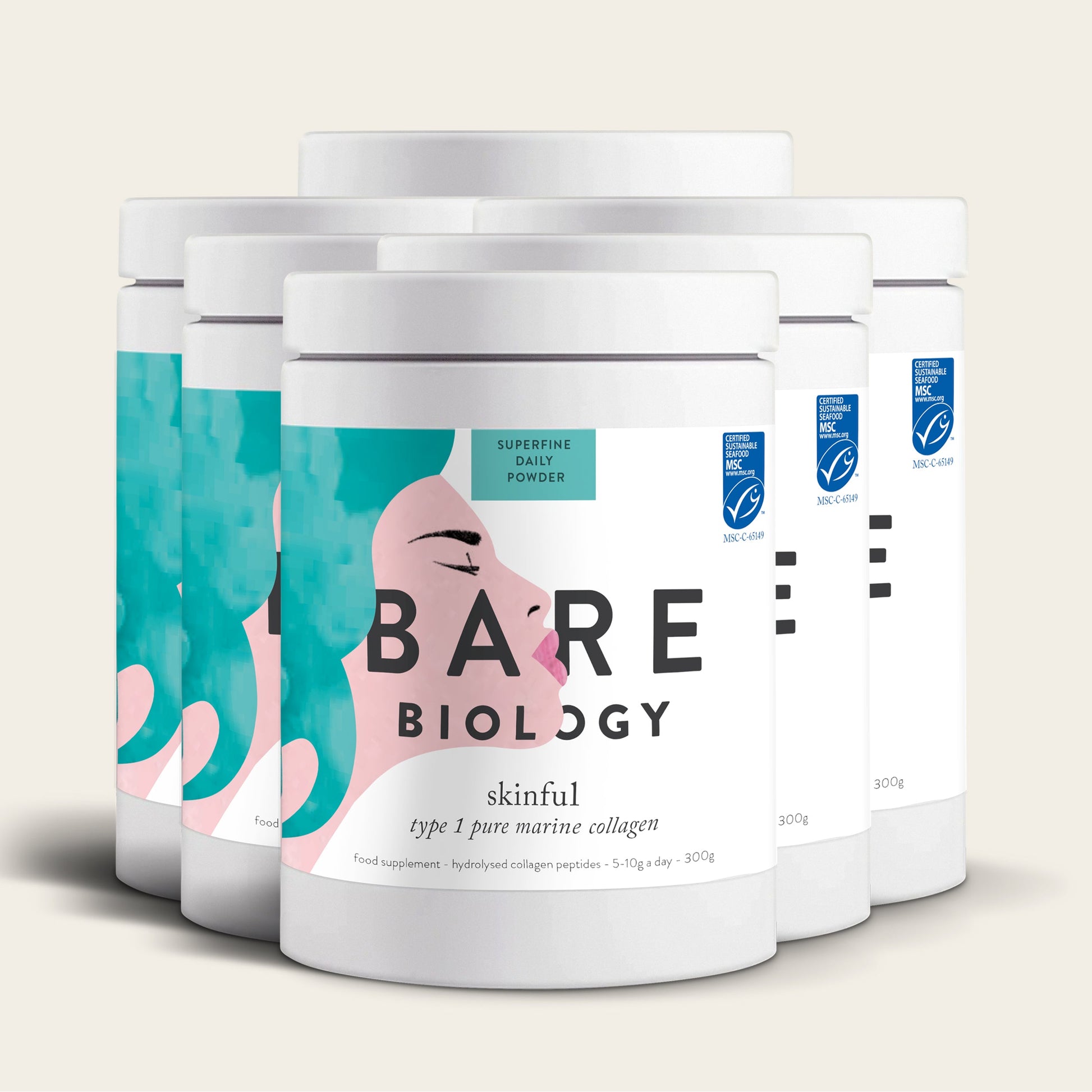 Displayed are six containers of Bare Biologys Skinful Pure Marine Collagen Powder, made from wild Norwegian cod. The label showcases a bold, abstract illustration of a womans face. This MSC-certified product is type 1 pure marine collagen.