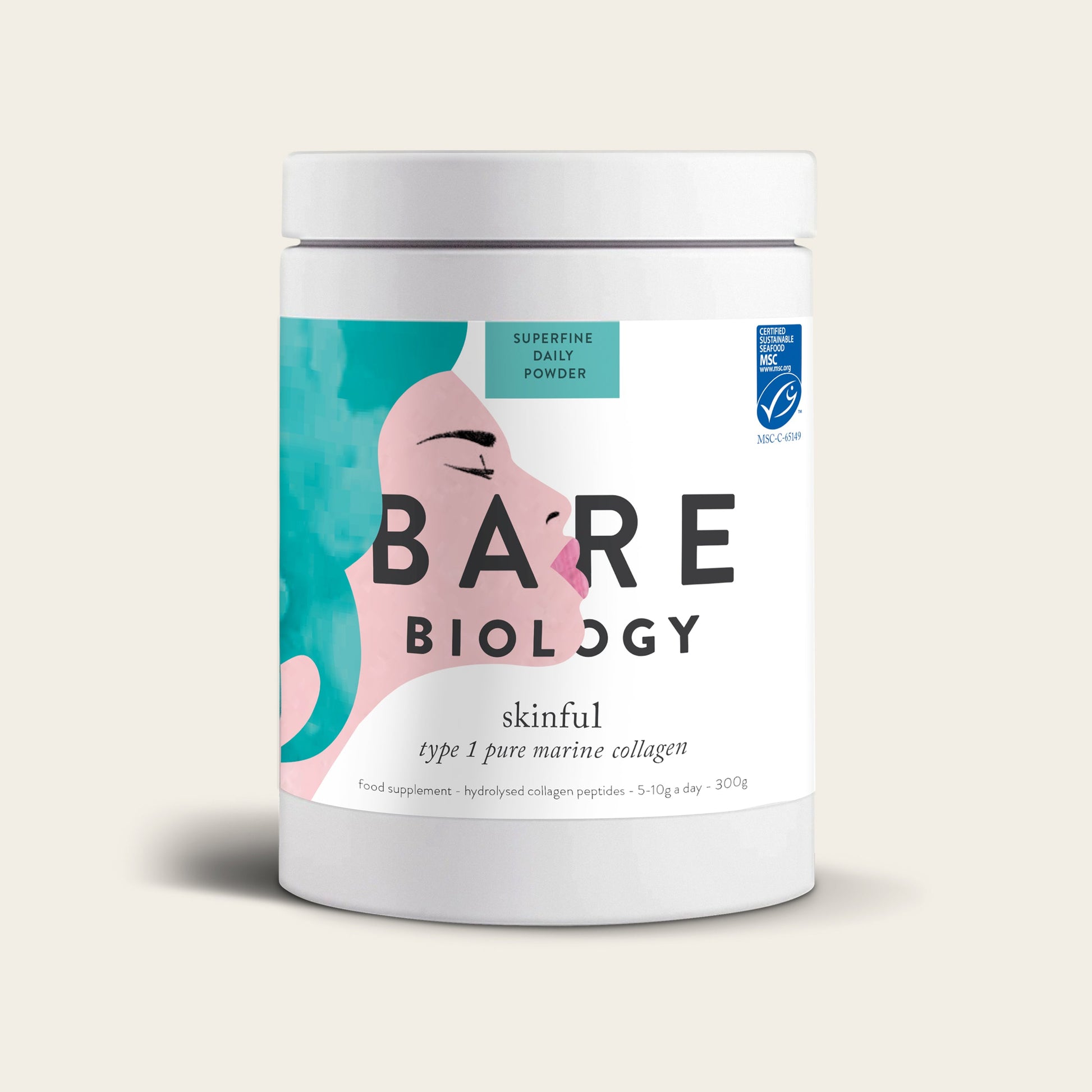 A white cylindrical container from Bare Biology, featuring an artistic face illustration and a blue certification logo, holds Skinful Pure Marine Collagen Powder, sustainably sourced from Norwegian cod.