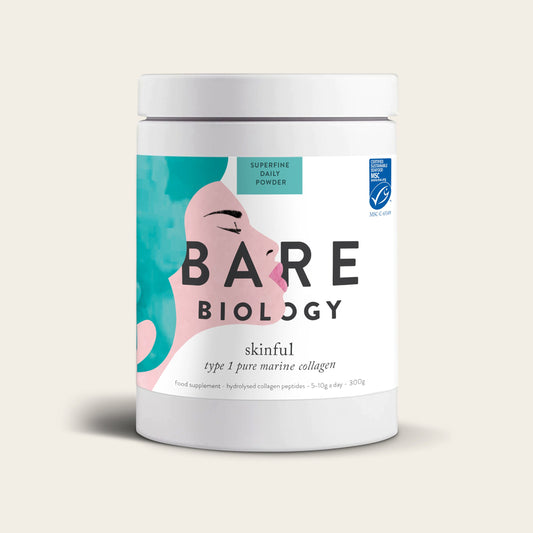 A white cylindrical container from Bare Biology, featuring an artistic face illustration and a blue certification logo, holds Skinful Pure Marine Collagen Powder, sustainably sourced from Norwegian cod.