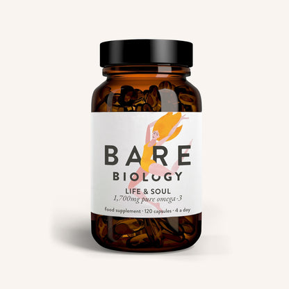 A jar of Bare Biology Life and Soul omega-3 fish oil mini capsules with colour illustration design on the label of the packaging