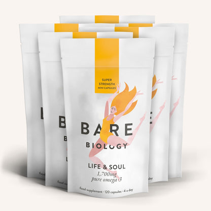 Multiple pouches of Bare Biology Life & Soul omega-3 fish oil mini capsules. 