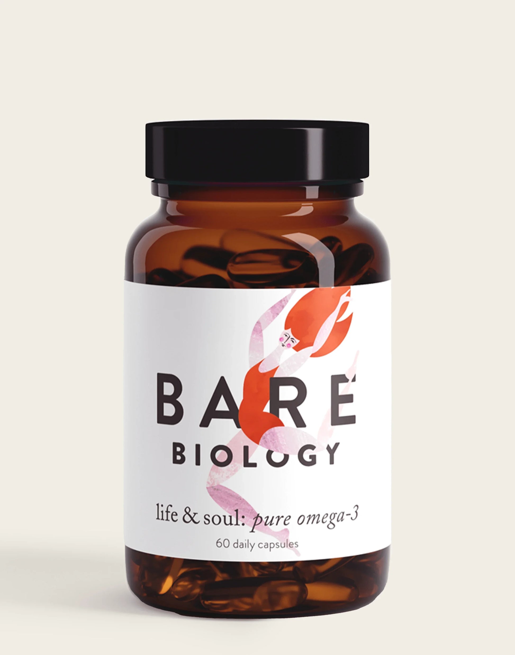 The brown bottle with a black cap labeled Life & Soul Omega-3 Fish Oil Daily Capsules by Bare Biology contains 60 capsules. Its minimalist label has abstract red and pink shapes.
